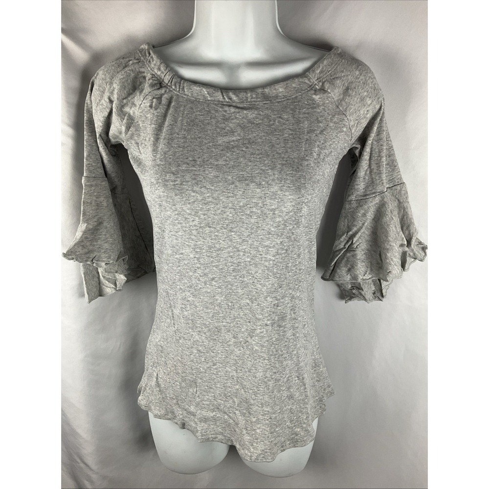 Chaser Women's Medium Heather Gray Ruffle Bell Sleeve Scoop Neck Top Blouse NWT